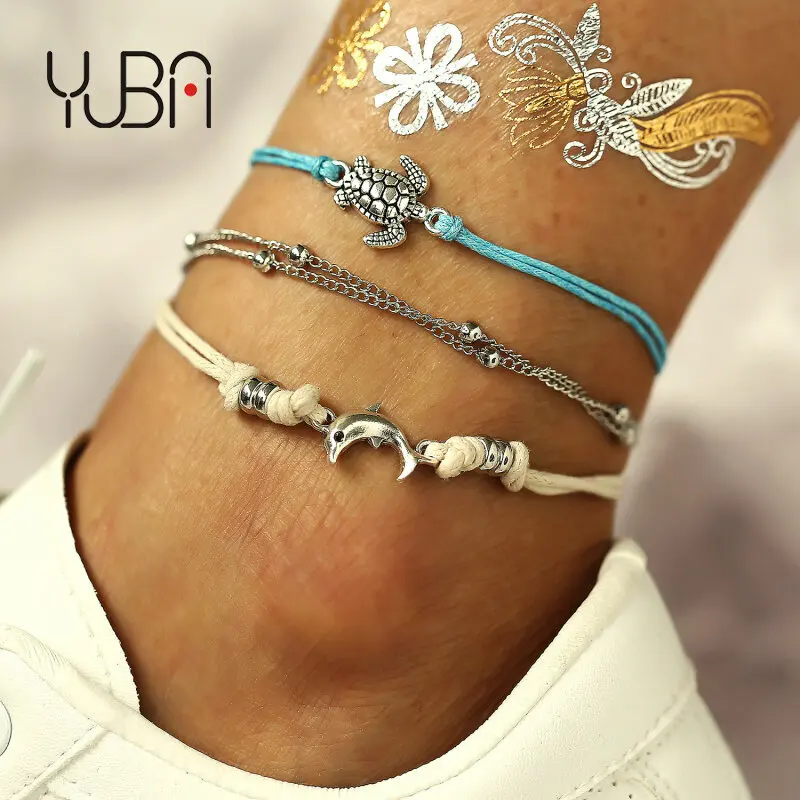 

Handmade Braid White Blue Rope Turtoise Anklets Ocean Style Sea Dolphin Turtle Charm Ankle Bracelet For Women