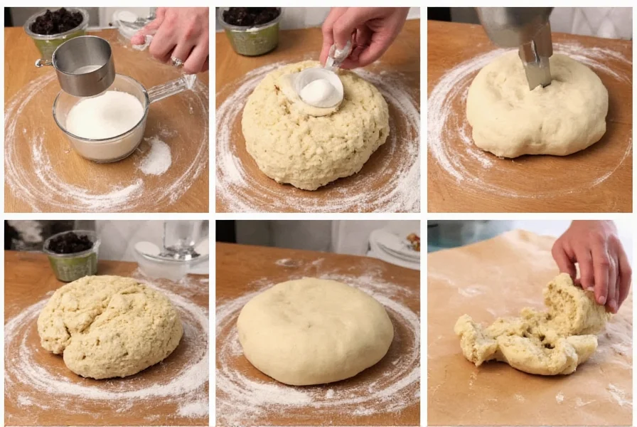 Step-by-step process of making yeast-free cinnamon roll dough with measuring ingredients on wooden table