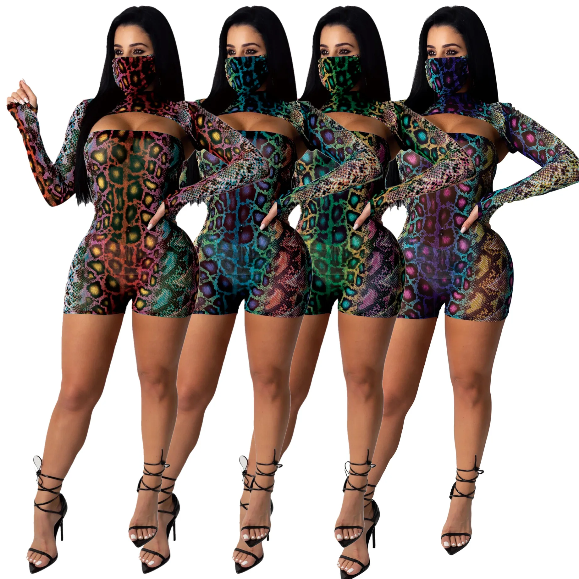 

Wholesale Amazon Printed Sexy Stitching Mid Waist Tracksuit Tight Slim Fit Long Sleeve Outfits Shorts Casual Two Piece Sets, Shown