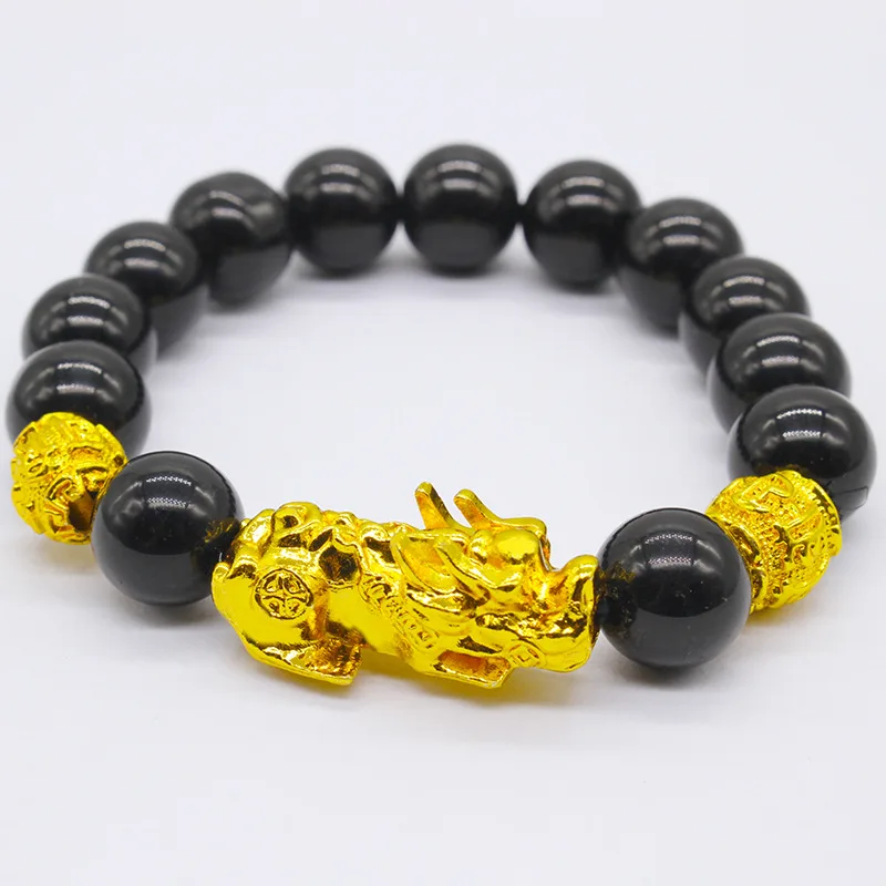 

18k Gold Plated Bead Imitation Obsidian Gold Plated Pixiu Bracelet Men's Jewelry