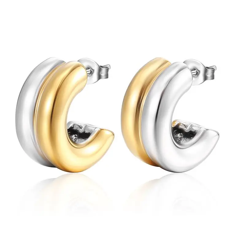 Two Colors Gold Plated Stainless Steel Stud Earrings C Shape Earrings 18k Gold Plated Hoop Earrings For Women