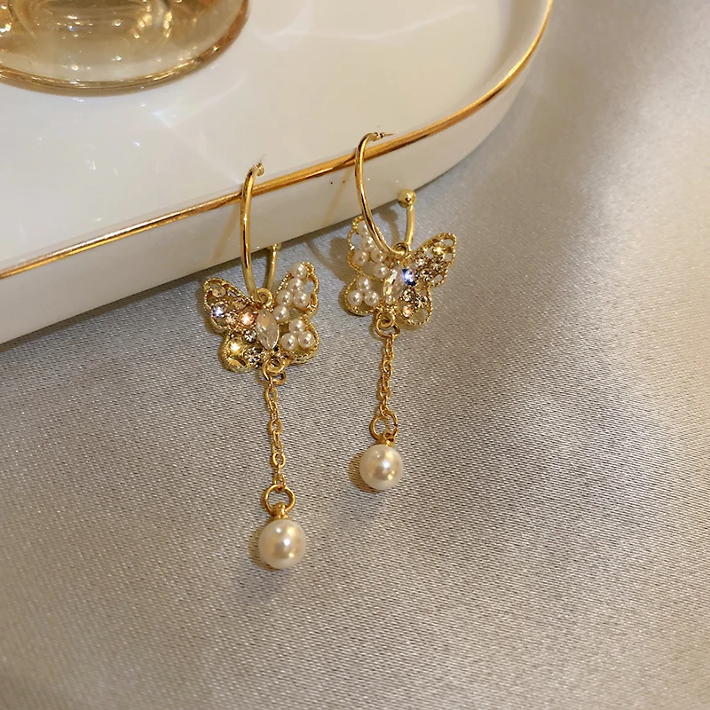 

crystal pearl drop butterfly earrings tassel