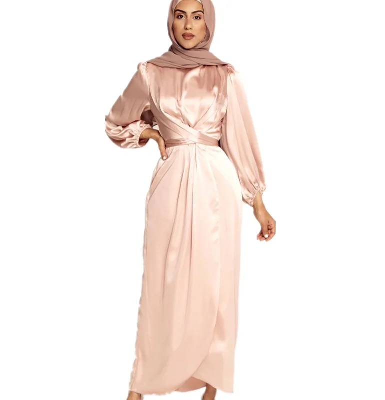 

Women Turkey Modesty Islamic Clothing Fashionable Satin Elegant Cross Belt Long Maxi Dress, Black,brown,gray,,pink,purple,green