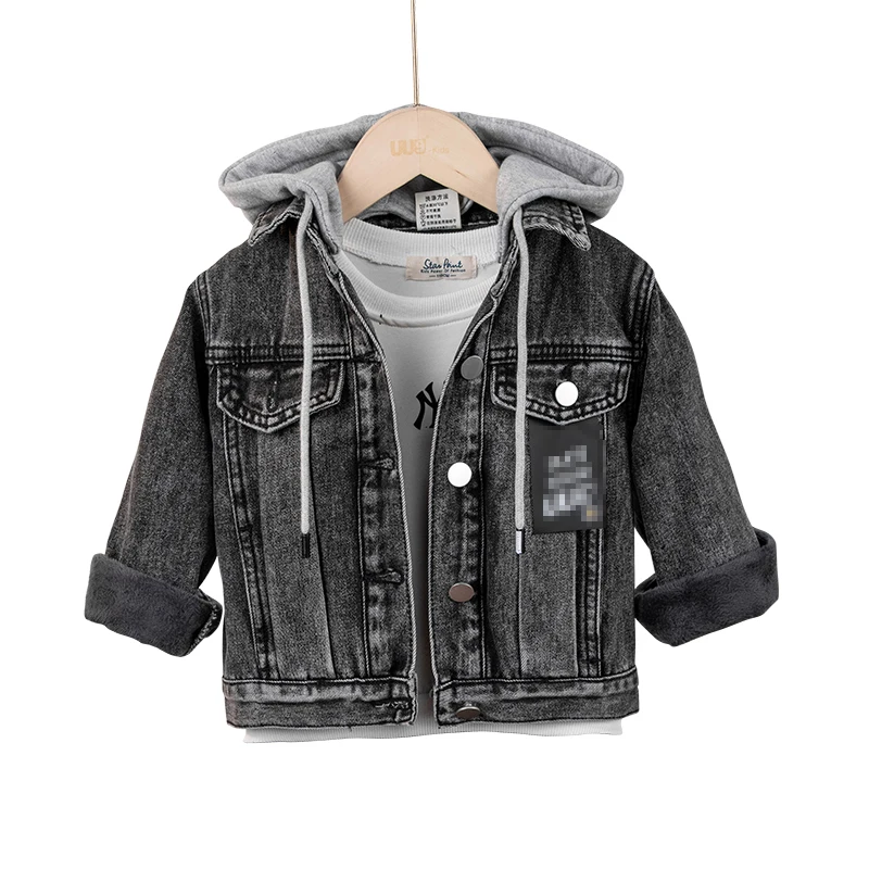 

2020 new winter warm hooded plus velvet thickened kids clothes kids denim jacket