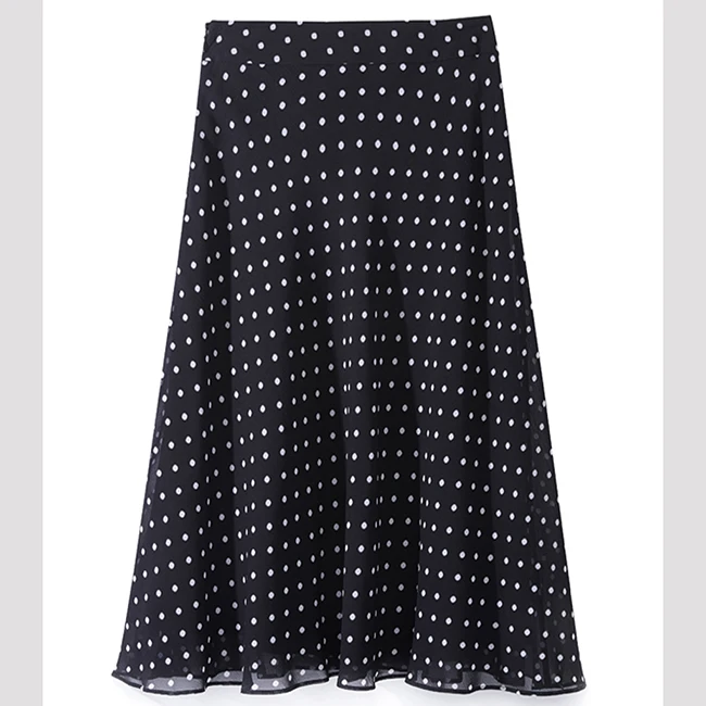 

New Arrival Autumn Skirts Fashion Women Blac dot high-grade printed silk skirt with A-line and double silk fishtail skirt