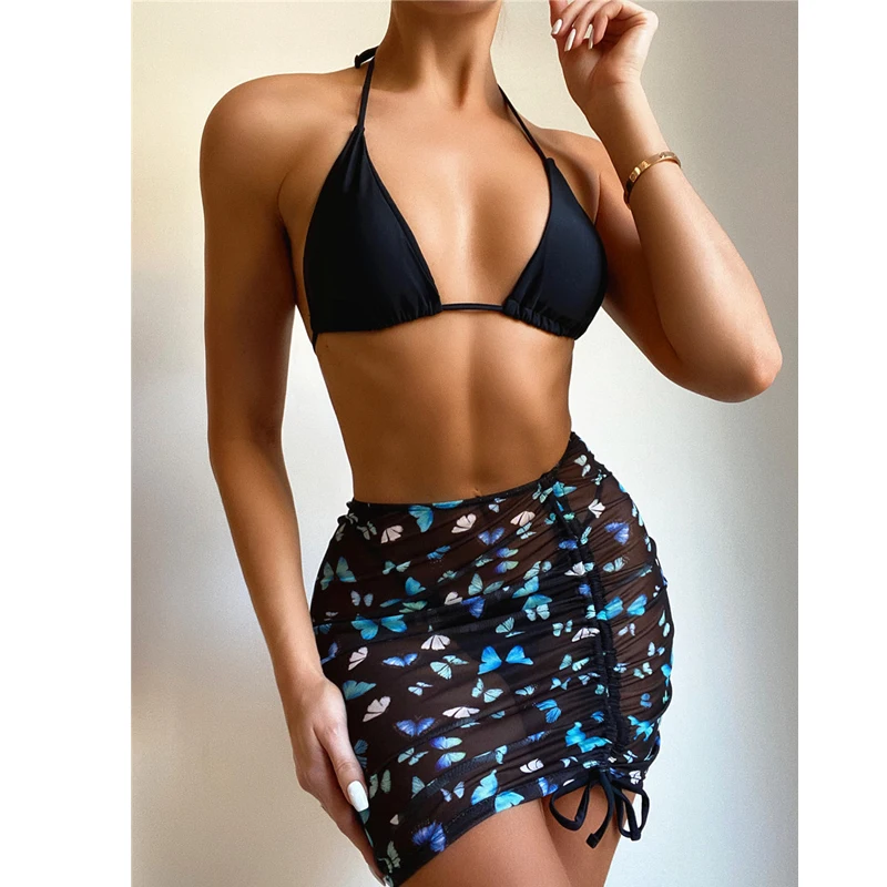 

QY5325 Hot Sale Mesh Cover-ups Butterfly Printing Swimwear Women Sexy Bikini 2021