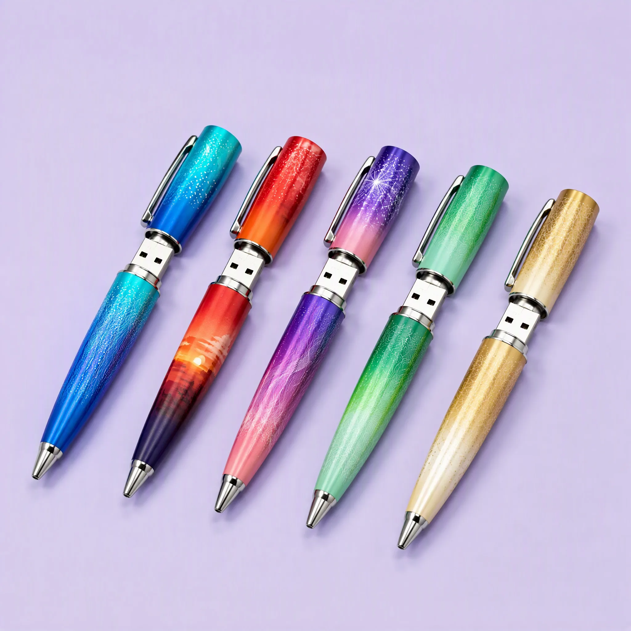 5-Pen Gradient Art Lineup: Ocean Blue Jellyfish, Sunset Dusk, Nebula Purple, Emerald Web, and Champagne Gold