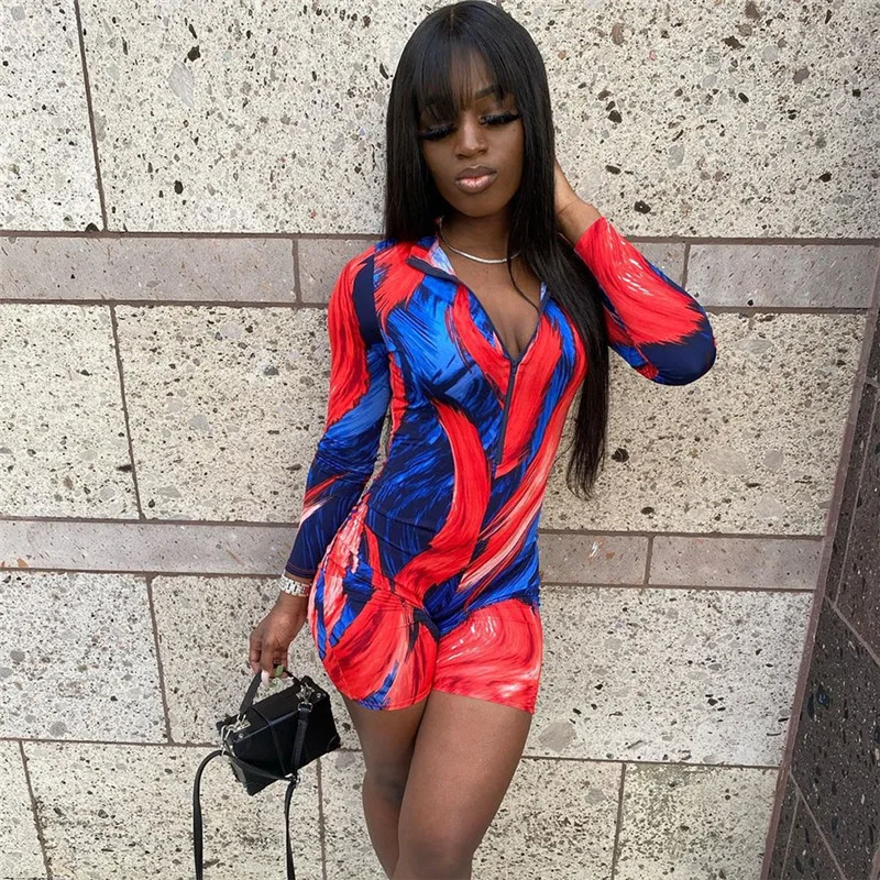 

H6300 - Casual Bodycon Long Sleeve Printed Tie Dye Women Rompers