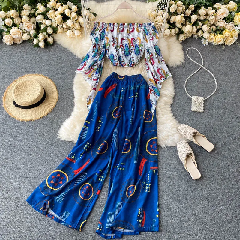 

Autumn new women's suit fashion vacation style printed cropped top two-match high-waist wide-leg pants