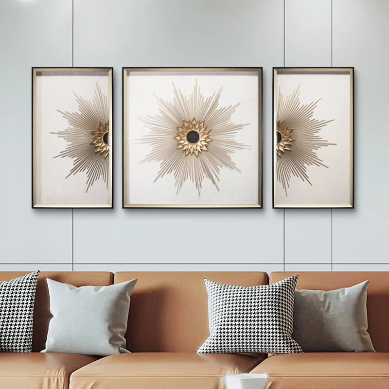 

Custom 3 Panels Golden 3d Resin Mirror Paintings With Aluminum Frame For Decorative Home Wall Art
