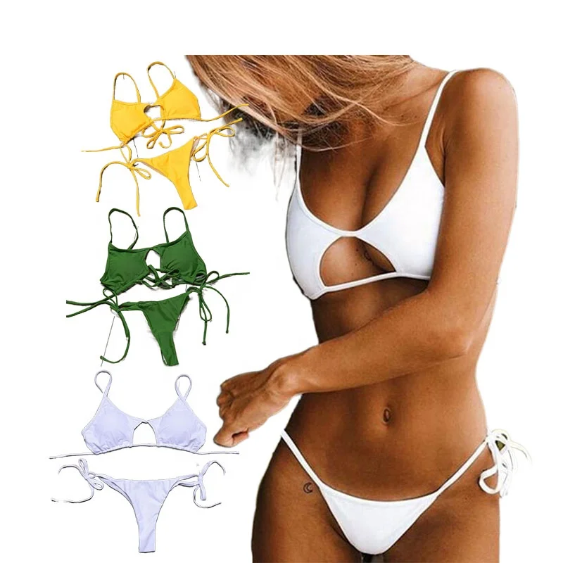 

Sexy Plain Solid Color Yellow Blue Green Bikinis Two Piece Bra And Shorts White Bandage 2 Piece Swimwear