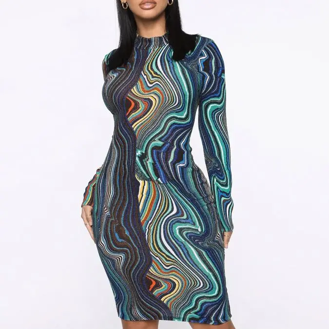 

X00930C Print Skinny Fashion Mini Dress Women Long Sleeve Bodycon Casual Party Dresses Spring 2020 Clubwear Tie Dye Slim Dress, Black