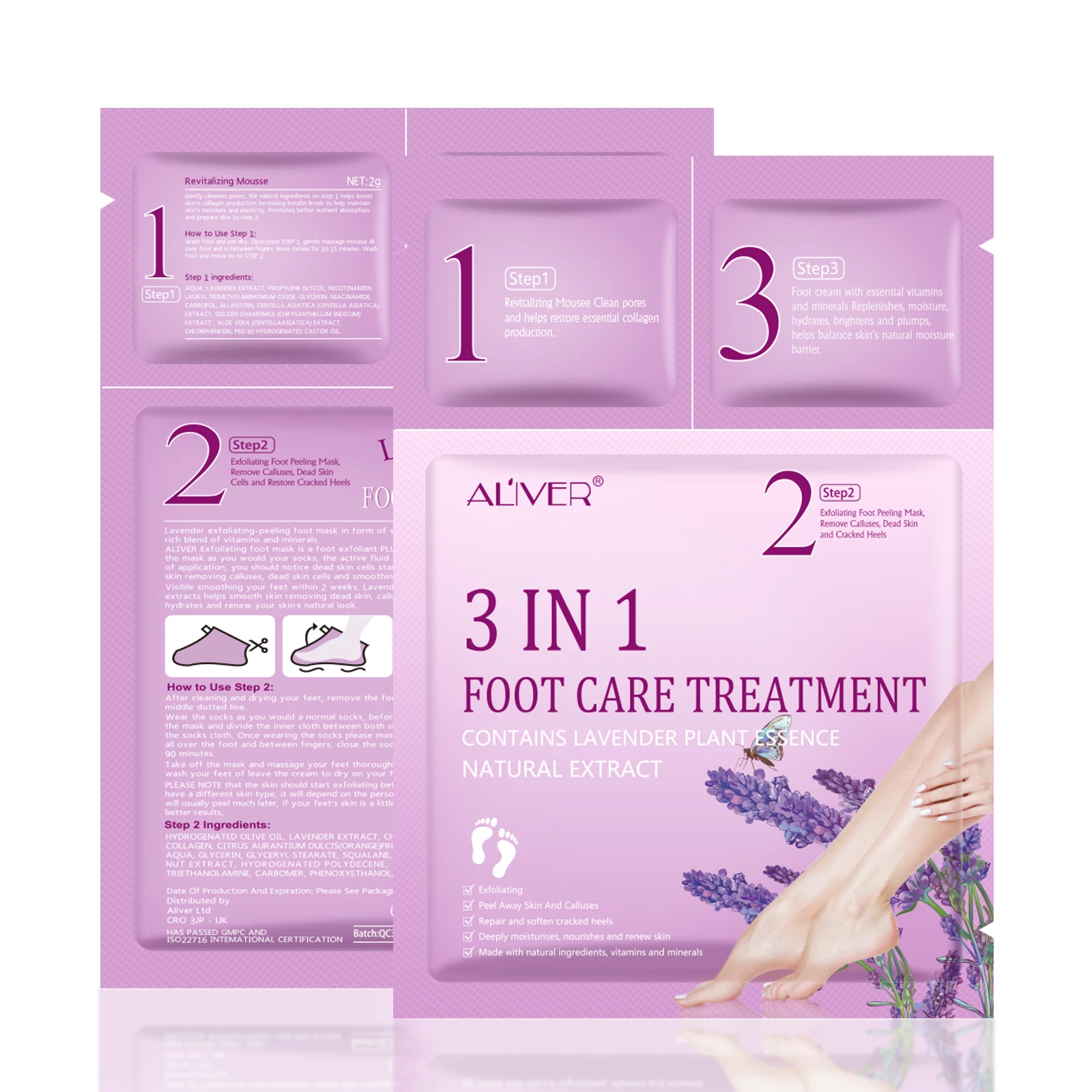 

Lavender cleansing mousse foot care treatment 3 in 1 exfoliating foot peel mask, Red rose