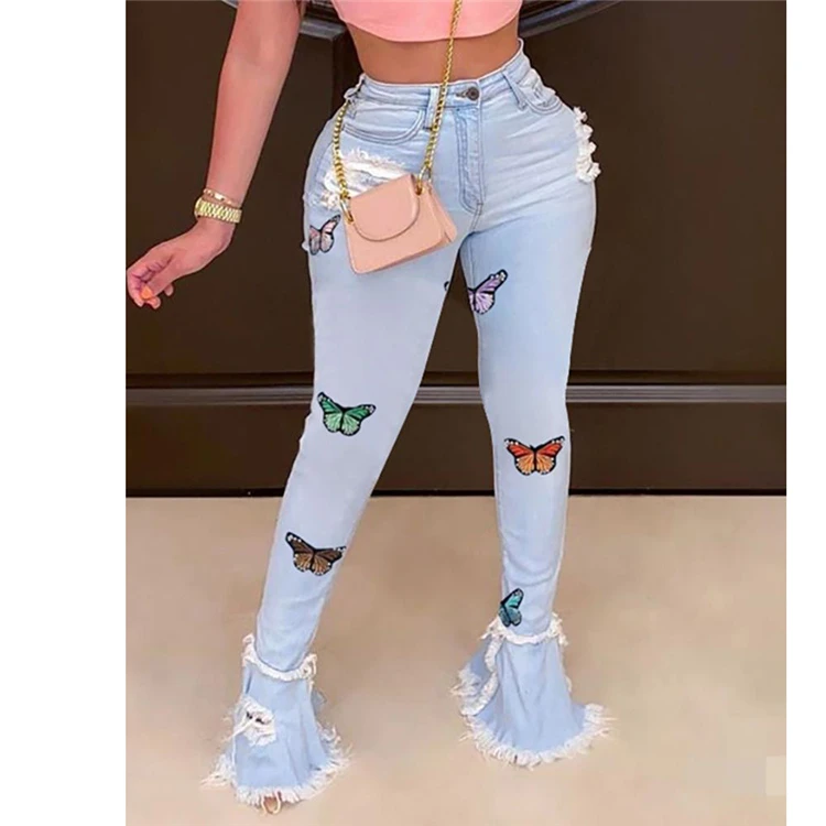 Newest Design Clothing Manufacturer Mid Waist Washed Women'S Jeans 2021 Denim Ripped Printed Women Trendy Flared Denim Jeans