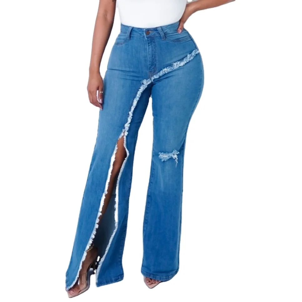 

Women's Raw Hem Flare Jeans Autumn Fashion Woman Denim Pants Jean Femme High Waist Full Length Slim Jeans in 2022 she in, Blue
