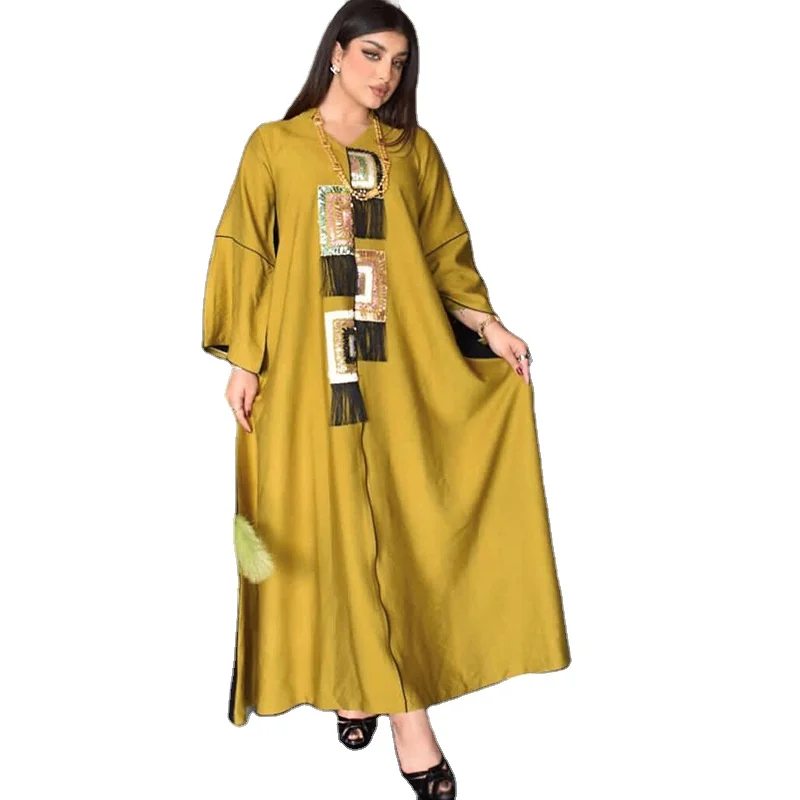 

Elegant ethnic women long dress arabic muslim tassels dress, Yellow