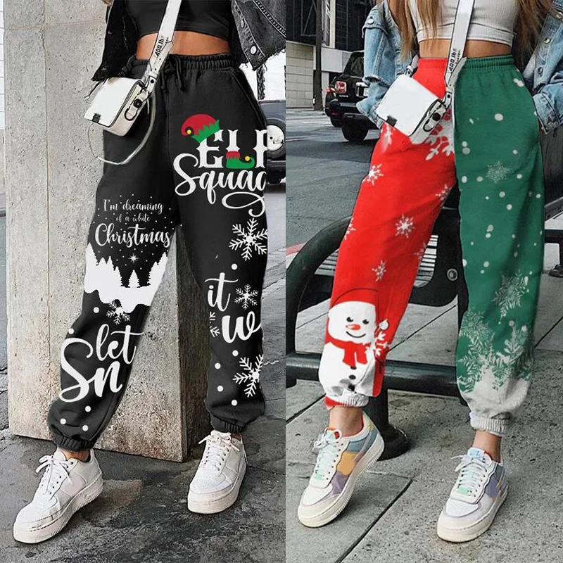 

2021 Christmas Women Trousers Leggings Cargo Stacked Sweat Pants Graphic Sweatpants, Customized color
