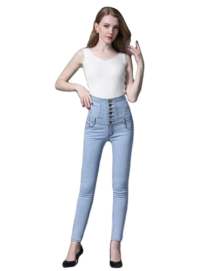 

European and American spring and autumn plus size washed-breasted belted straight pencil pants women's jeans, 4 colors