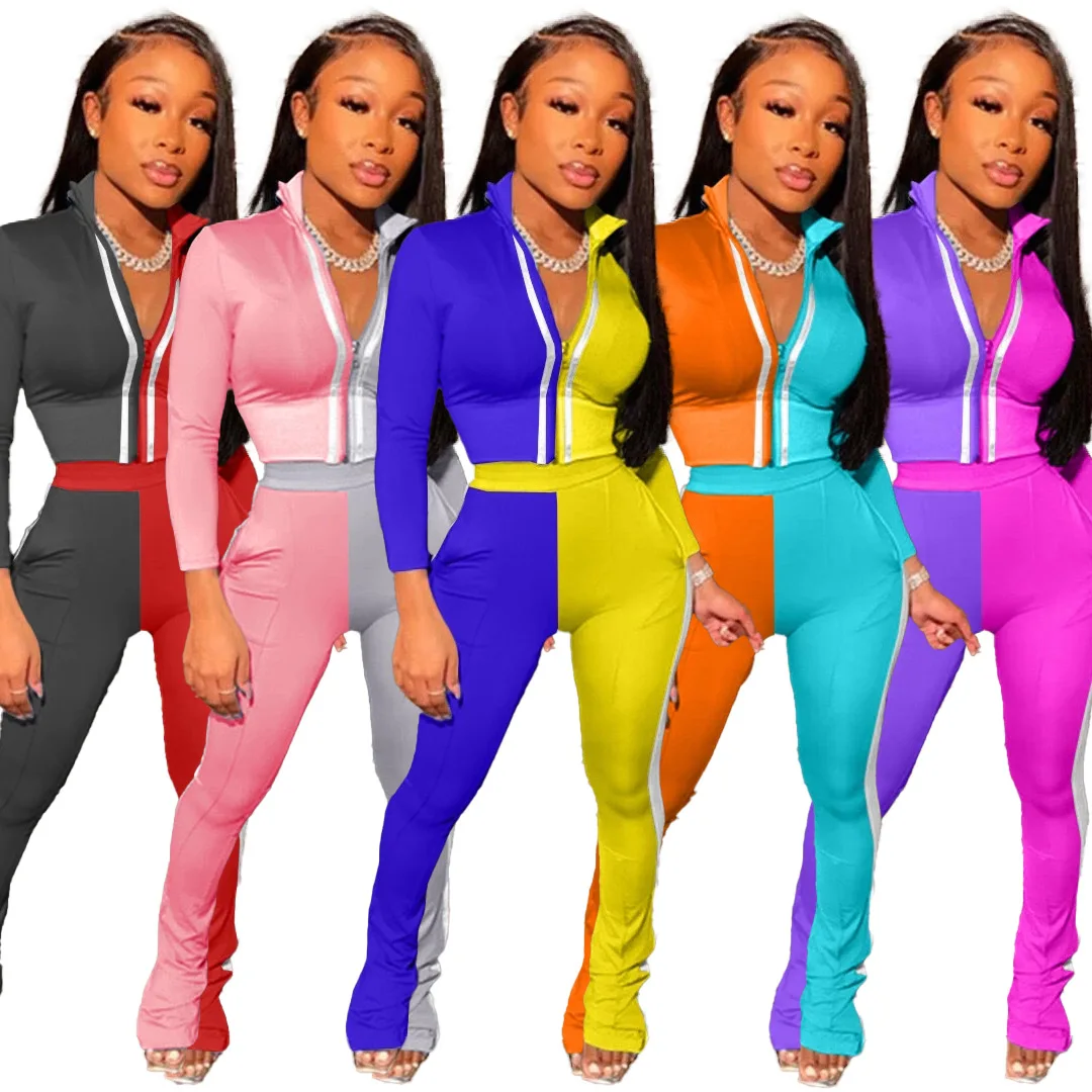 

2022 Stitching Casual Women 2 Piece Set Clothing Plus Size Long Sleeves Two Piece Outfit Women Zipper Lady Sport Suit