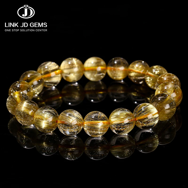 

JD Fashion Reiki Healing Crystal Clear Bead Strand Bangles 6A Natural Gold Rutilated Quartz Round Beads Bracelet