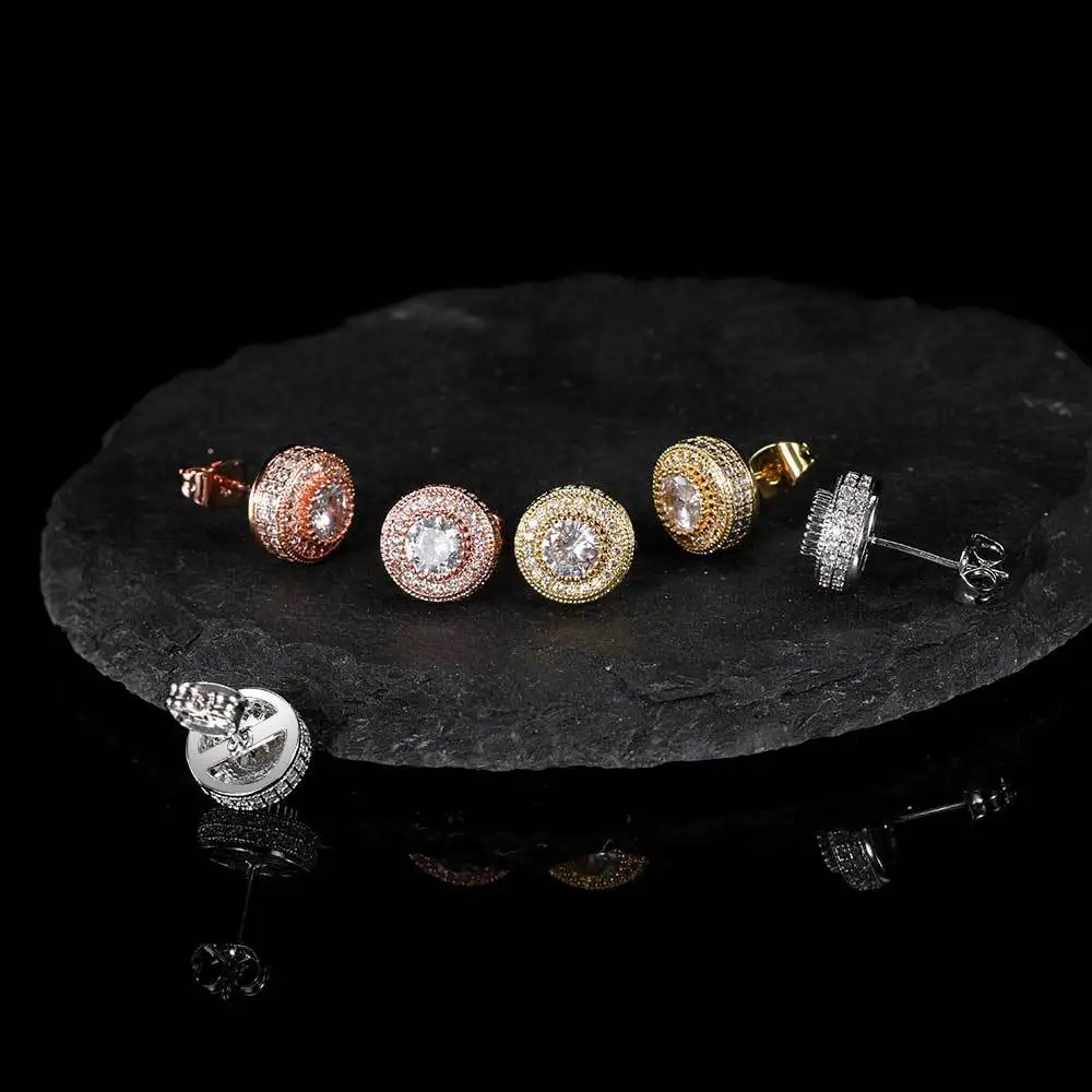 

Hip Hop Fashion Iced Bling Stud Earring 18K Rose Gold Zircon Geometry Round Bling crystal hoop earrings for women