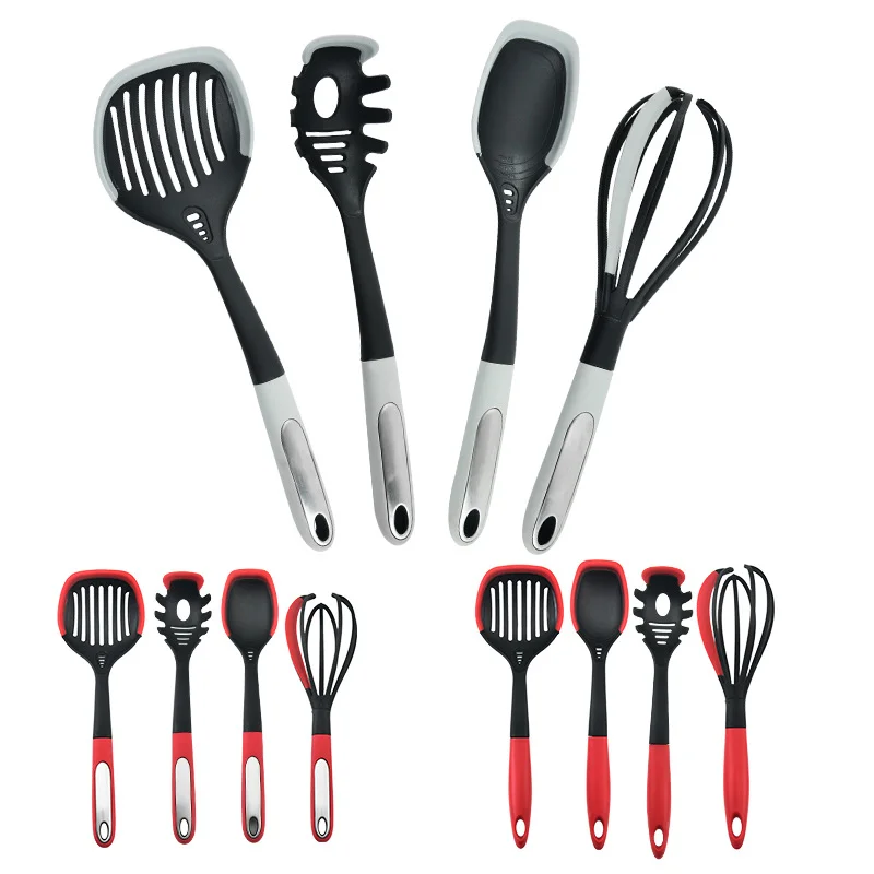 

4 Piece Silicone Set Kitchen Utensils Shovel Spatula Set Non-Stick Frying Pan Spoon, Gray red