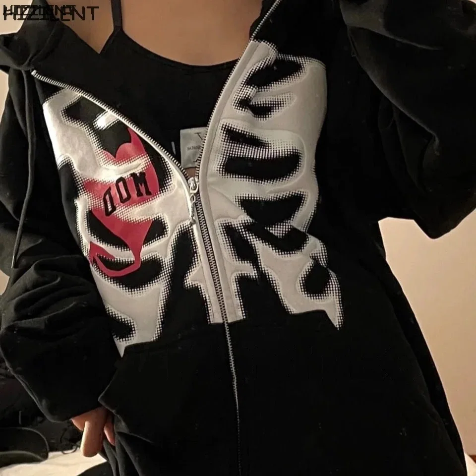 

Harajuku Korean style loose skull print long-sleeved hooded jacket top with zipper type Y2K zip hoodie oversized