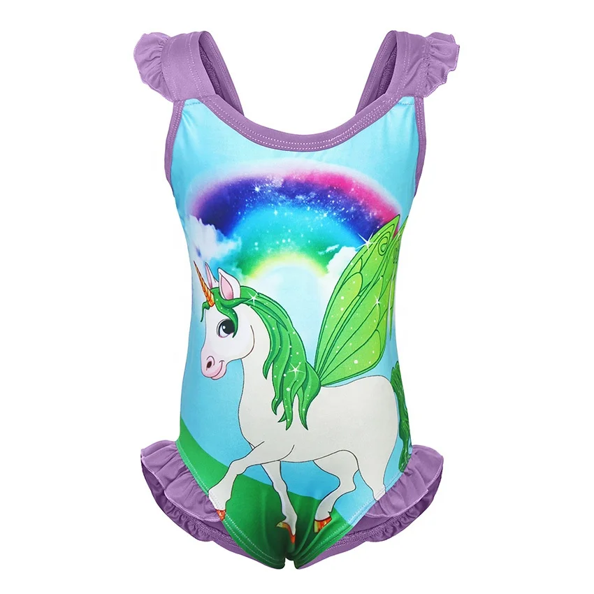 

Unicorn Girls Swimwear Ruffle Sleeve Toddler Kids Bathing Suit Rainbow Children Eco-friendly OEM Service Swim Trunk Geometric, Purple