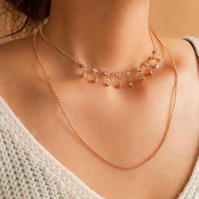 

Temperament Gold Plated Crystal Tassel Clavicle Necklaces Double Layers Rhinestone Pendant Sweater Necklace For Gift