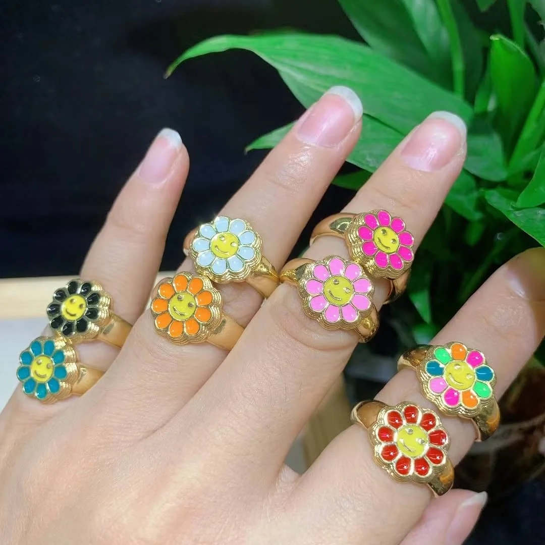 

RA1052 High Quality New 18k Gold Plated Chunky Colorful Enamel Rainbow Sunflower SmileyThick Band Open Rings