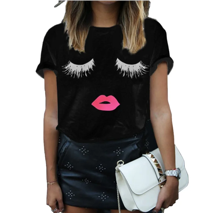 

Women's T-shirt Eyelash + red lip pattern print short sleeve