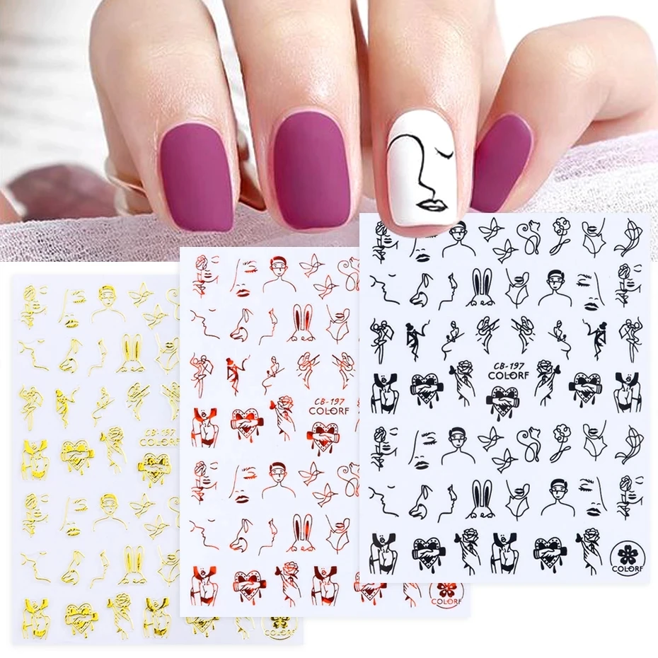 

1pc 3D Abstract Face Slider Nail Design Stickers Sexy Lady Heart Rose Flowers Decals Black Red Gold Manicure Decor, Gold, silver, red, black, white