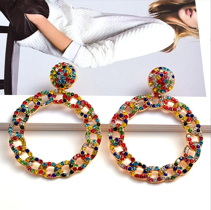 

New Statement Round Metal Colorful Crystal Drop Earrings High-Quality Rhinestones Jewelry Accessories For Women Wholesale
