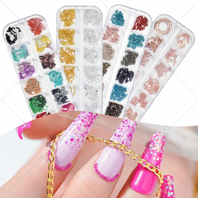 

2021 New 12 Grid Mixed Style Nail Chain Jewelry for Manicure Design DIY Nail Art Accessories for Nail Decoration, Multi color