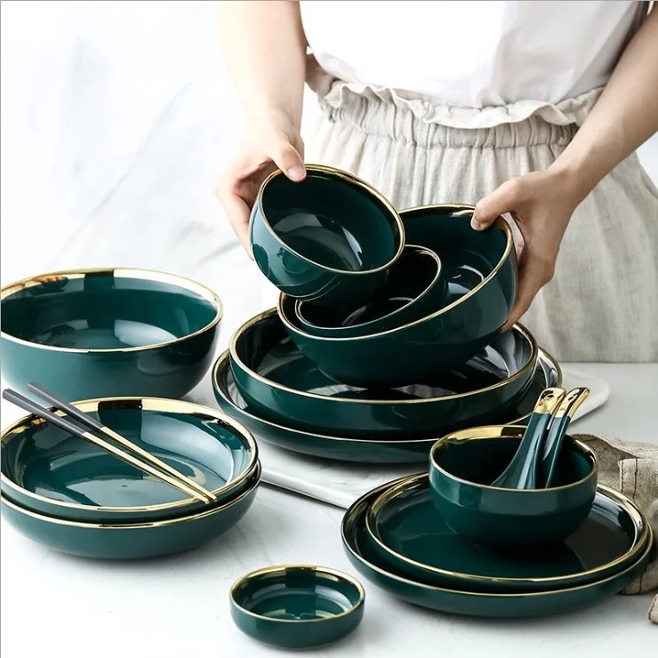 

Gold Rim Glaze Tableware Creative Dark Green Ceramic Deep Plate Restaurant Set