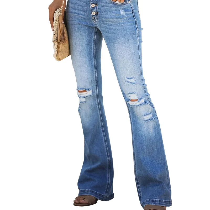 

Wholesale ladies denim wide leg denim pants high waist bottoms slight flare jeans pant women, Blue