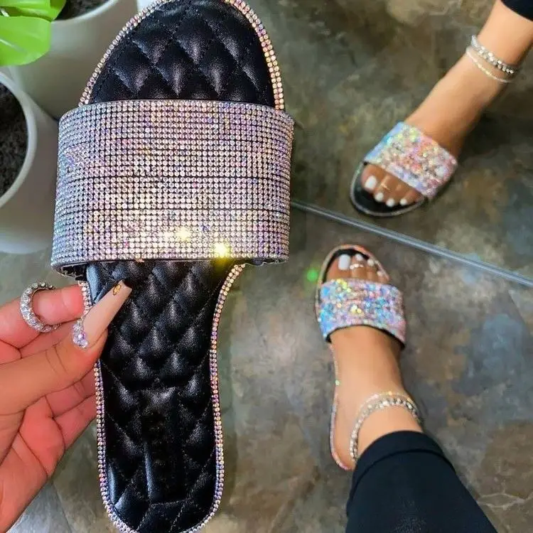 

INS Hot summer rhinestone slides footwear Flat girls casual shoes Women Slippers sandals