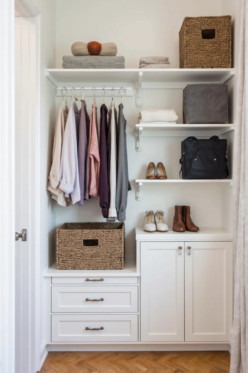 Stylish wall-mounted closet system in a modern family room
