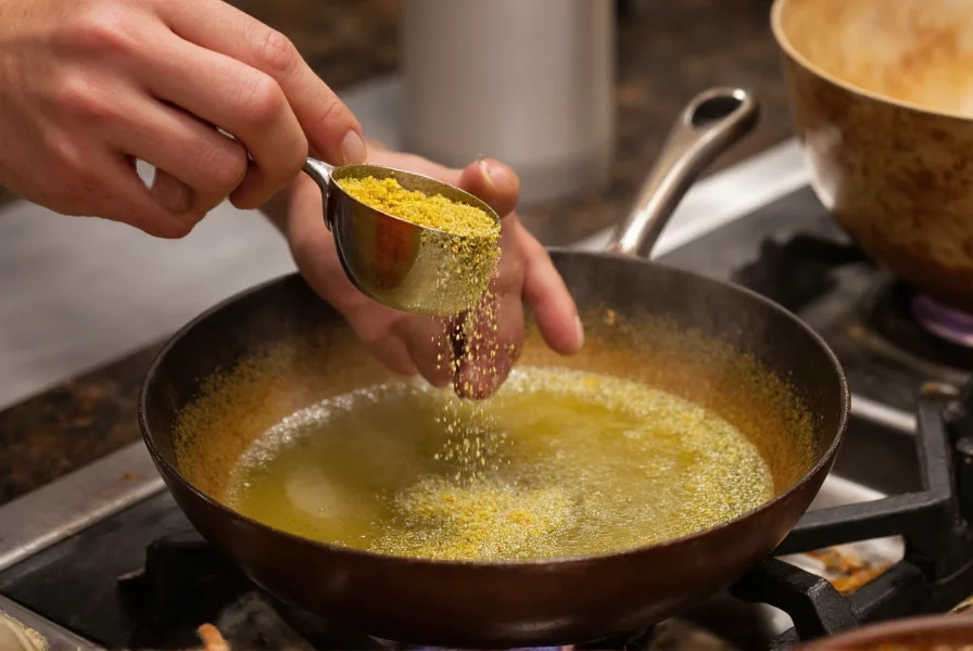 Chef adding a pinch of asafoetida hing powder to hot oil in a traditional Indian cooking demonstration