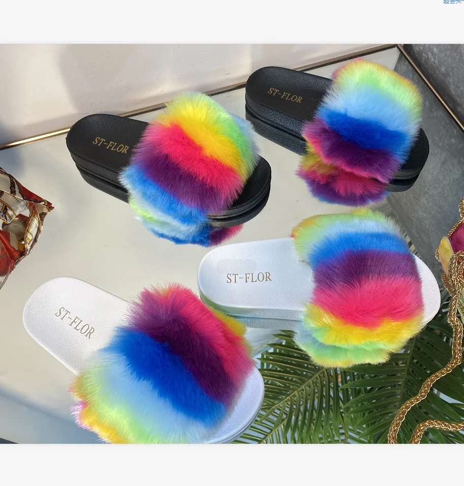 

Wholesale price rainbow faux fur women slides multi color plush sandals winter fashion lady slippers
