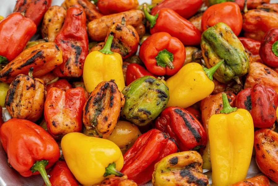 Colorful arrangement of grilled peppers in various culinary applications including sauces, salads, and main dishes