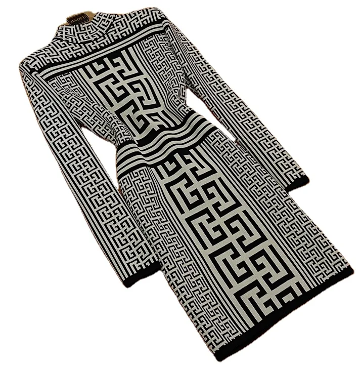 2026 Newest Designed Geometric Pattern Spring Lady Long Sleeve Stand Collar Slim Fitted Women Knit Short Dress
