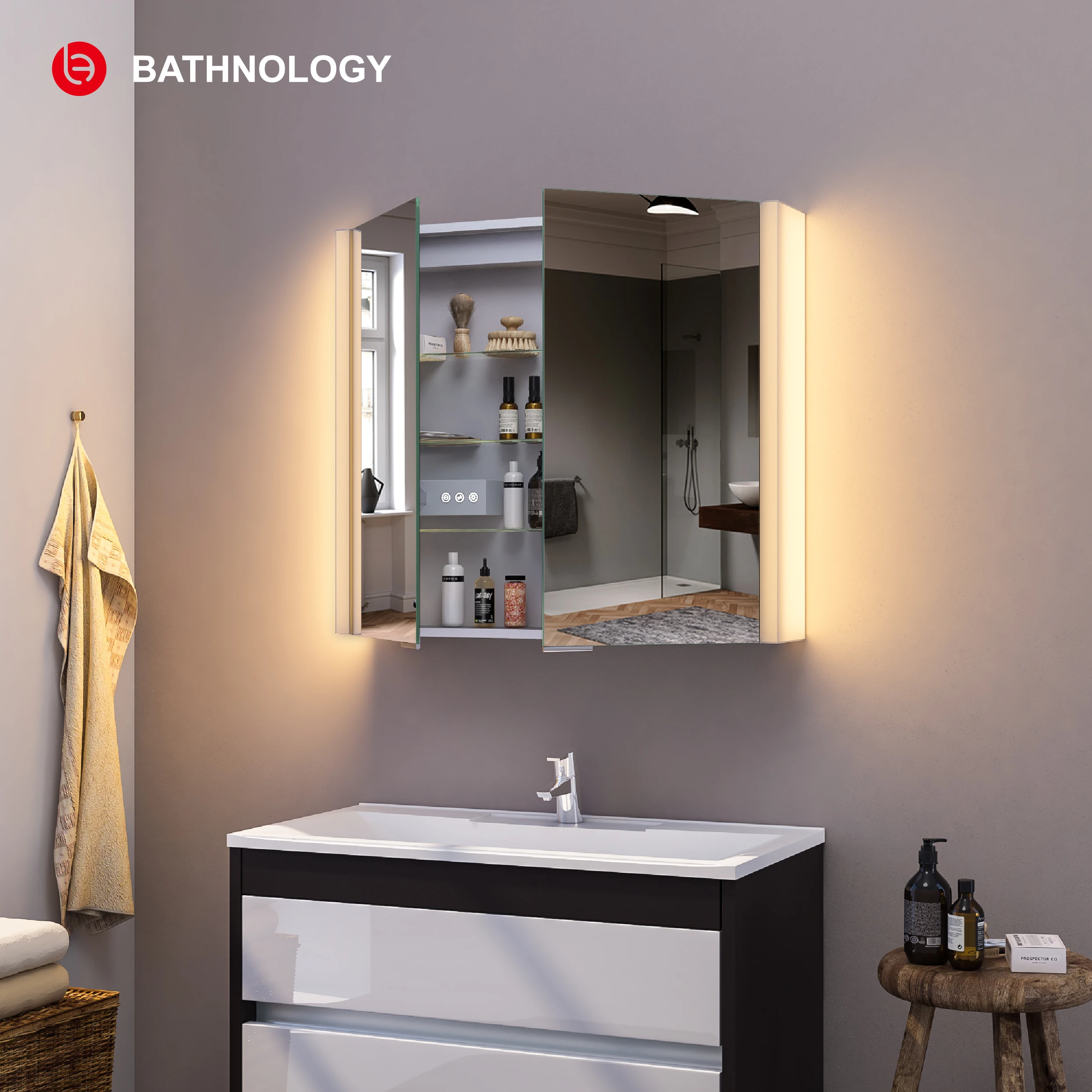 Customized best selling bathroom LED light mirror wall-mounted mirror cabinet