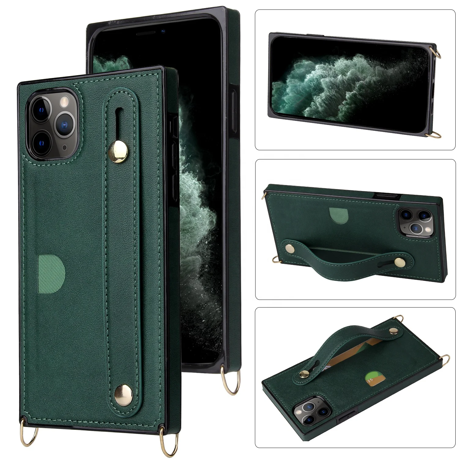

Wholesale PU Leather Phone Case Cover Soft Touching Mobile Phone Case for iPhone 11 Pro with Wrist Strap, Pink, black, red, green, purple