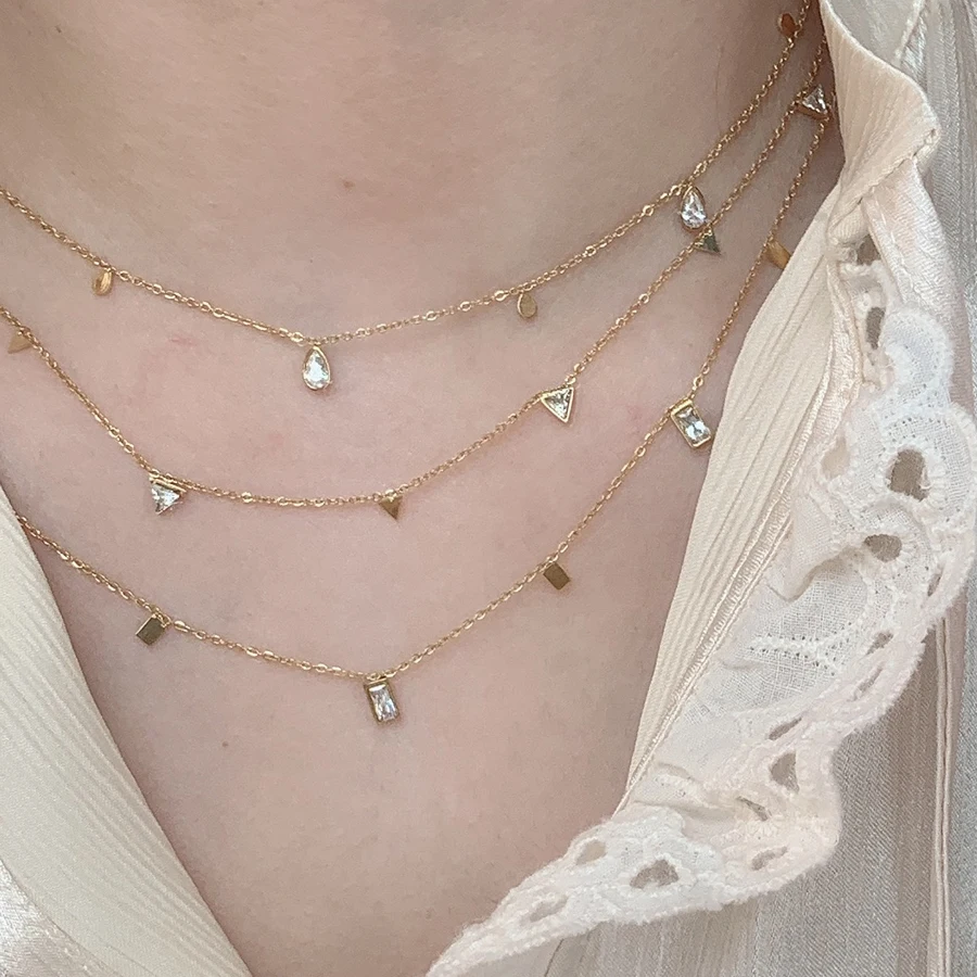 

Stainless Steel Rectangle Water drop Triangle Small Charms Diamond Pendant Necklace Gold