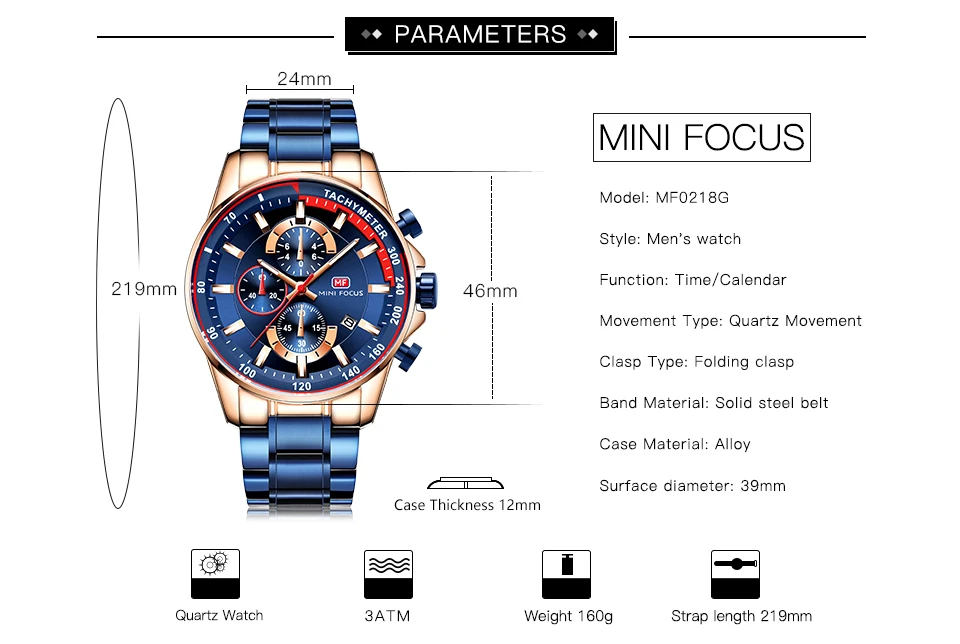 MINI FOCUS MF0218G Men's Quartz Watches Stainless Steel Strap Waterproof Chronograph Business Waterproof Wrist Watch