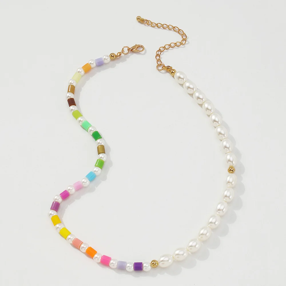 

New Trend Colorful Square Rice Bead Jewelry Geometric White Pearl Asymmetry Chain For Women Lady Clavicle Necklace, Picture shows