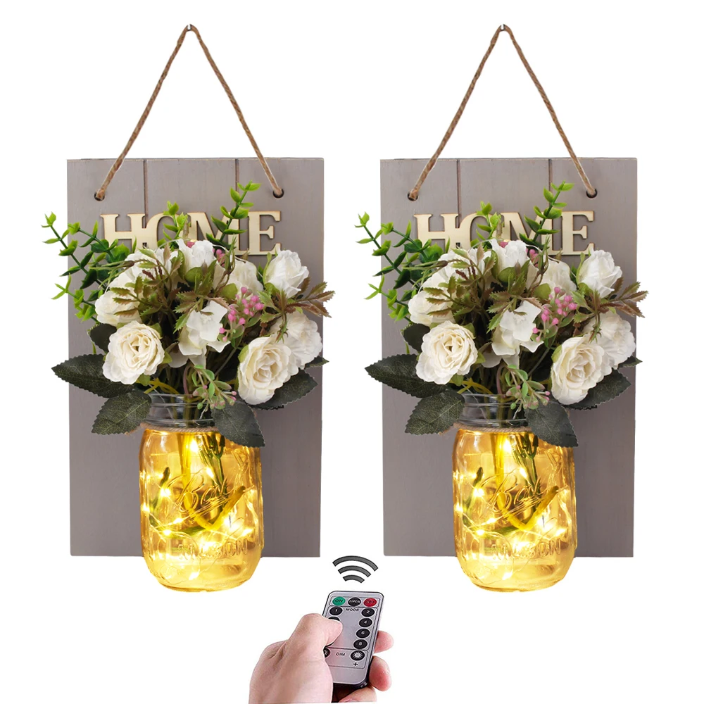 Amazon Hot Sale 2 Pack Mason Jar Sconces Rustic Wall Sconces LED Fairy Lights & Flowers for Outdoor & Indoor,Farmyard Decoration