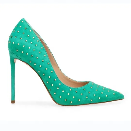 

Wholesale Famous Brand Private Label Shoes Rhinestone Rivet Pointed Toe Stiletto Heels In Green Suede Leather Women Heels Pumps, Green/brown