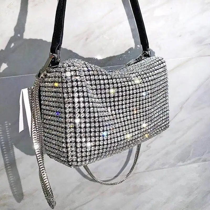 

luxury woman bags handbags rhinestones women designer Crossbody Wild Girls Diamonds Shoulder Messenger Bag, Silver